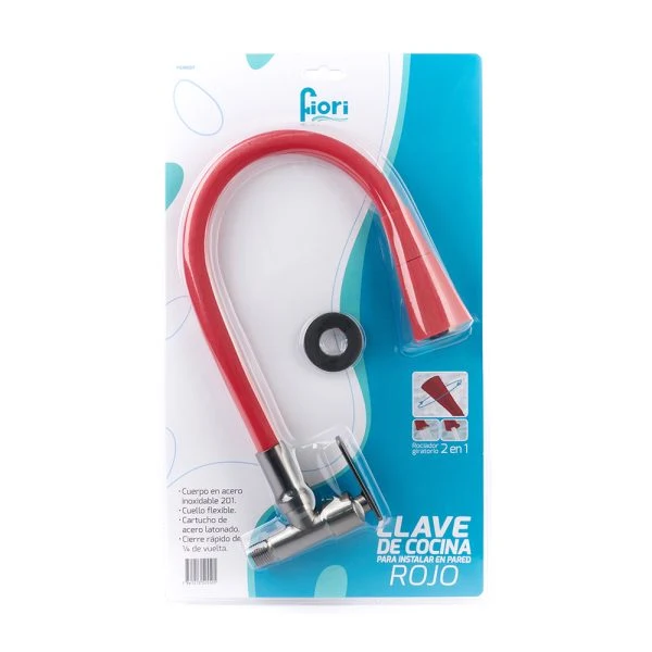 Llave Cocina Pared Met., MO-E013, Palanca, P/Flex., C/Boton, Colores; TW