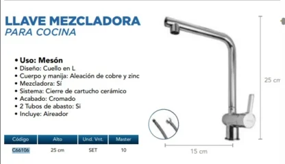 Mezcladora Cocina Monomando, C66106, P/Alto 90, Cr.; AQUARAME