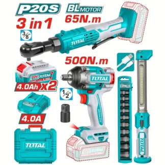 Combo Llave Impacto 500Nm, Ratchet Inalam. y Linterna, 2 Bat.4Ah, Carg.Rap., Accs, UTOSLI250981