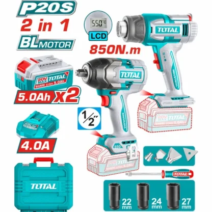 Combo Llave Impacto 500Nm y Pistola Calor Inalam., 2 Bat.4Ah, Carg.Rap., Accs, UTOSLI250983
